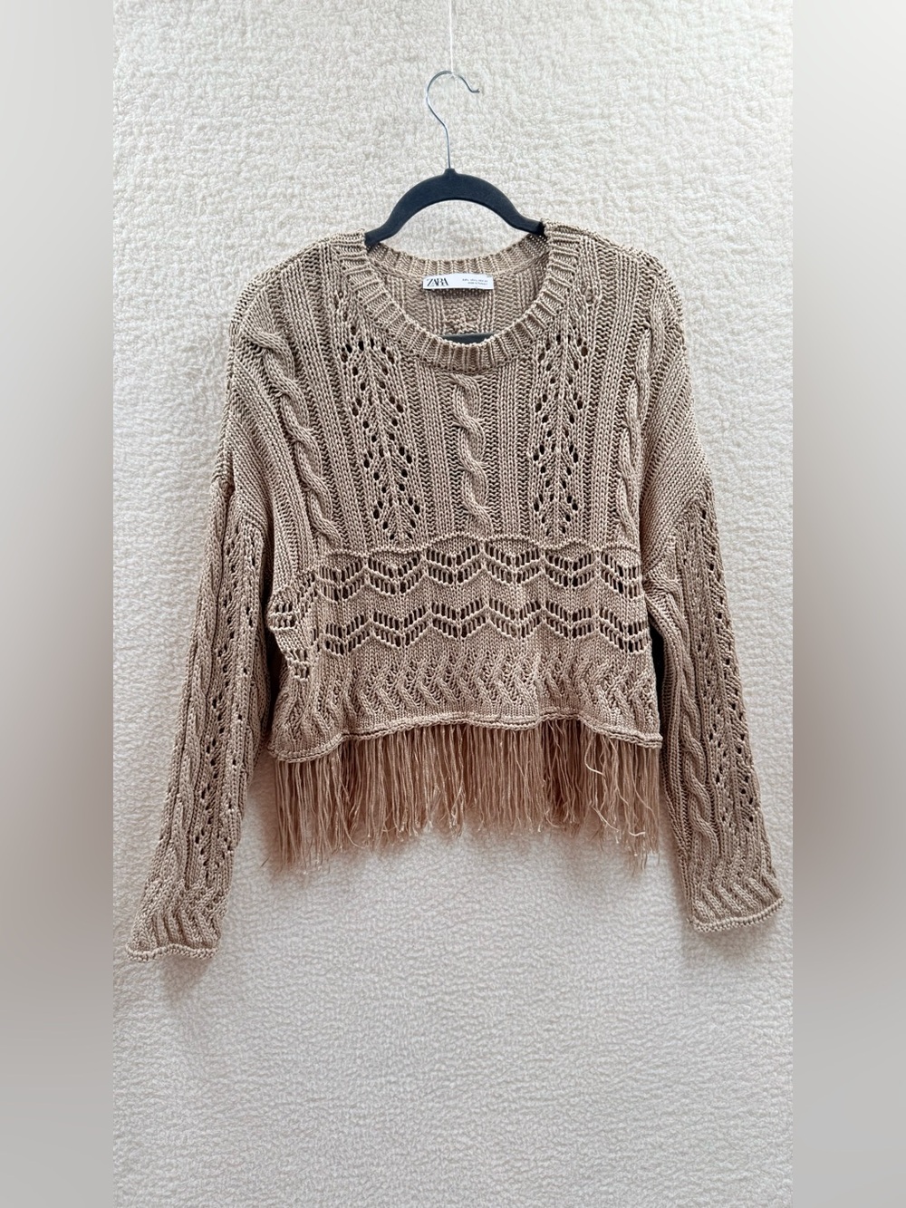 Zara Taupe Beige Crochet Knit Fringe Crewneck long sleeves Sweater Size L